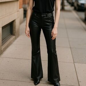 FREE PEOPLE Women Size 29 Black Faux Leather Elastic Waist Bell Bottom Wide Leg